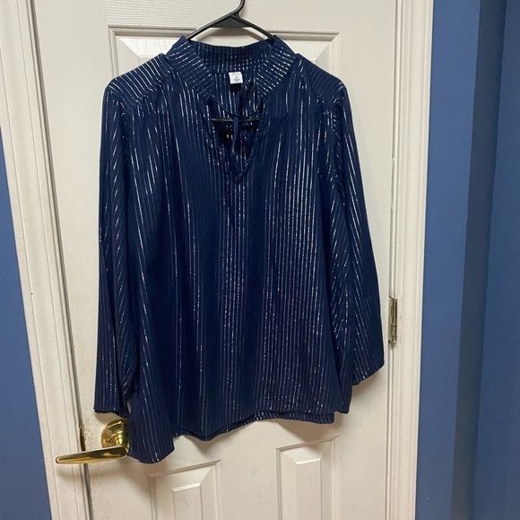Women Medium Old Navy Long Sleeve Top Blue with Shiny Silver Stripes V-neck - Picture 3 of 10